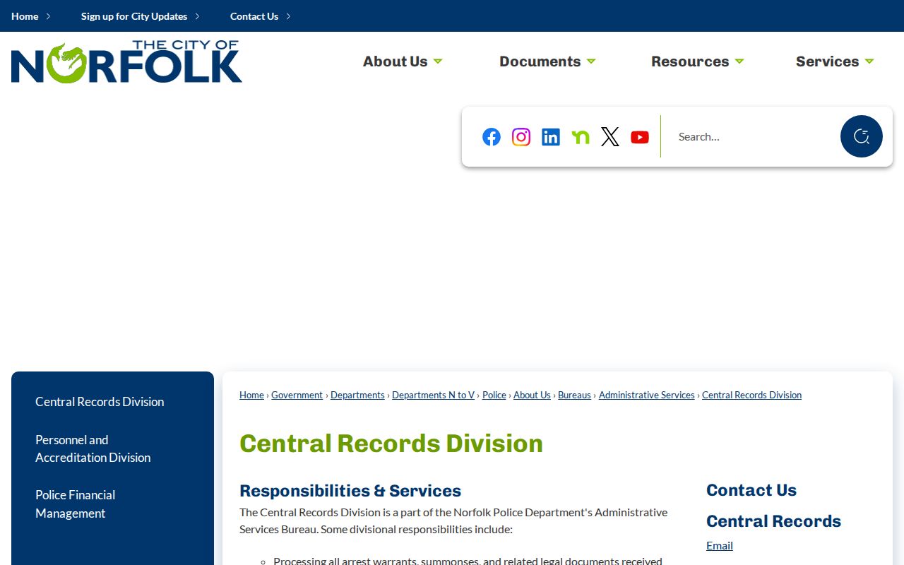 Norfolk City active warrant records office information at NPD Central Records