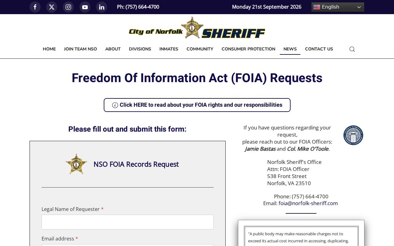 Norfolk City warrant search records request fields on the Sheriff's official FOIA form