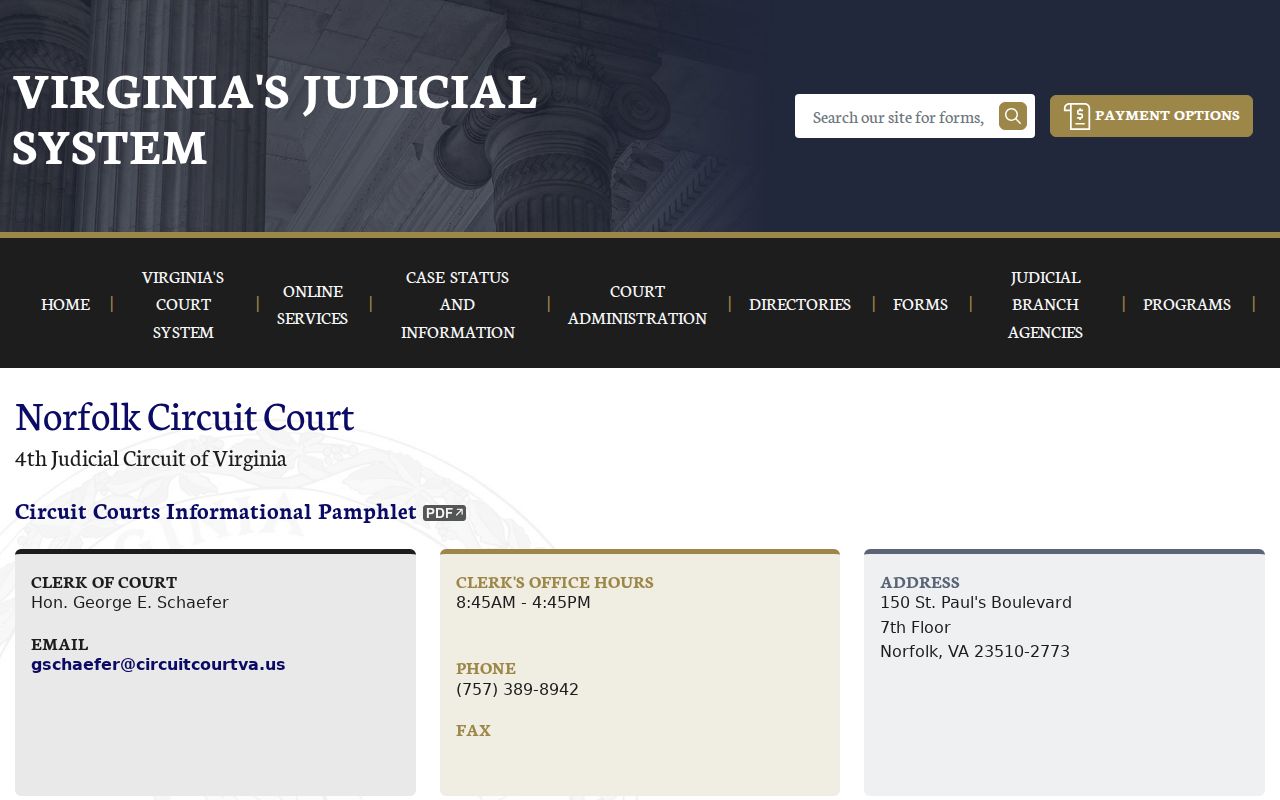 Norfolk City bench warrant court routing on the Circuit Court clerk page