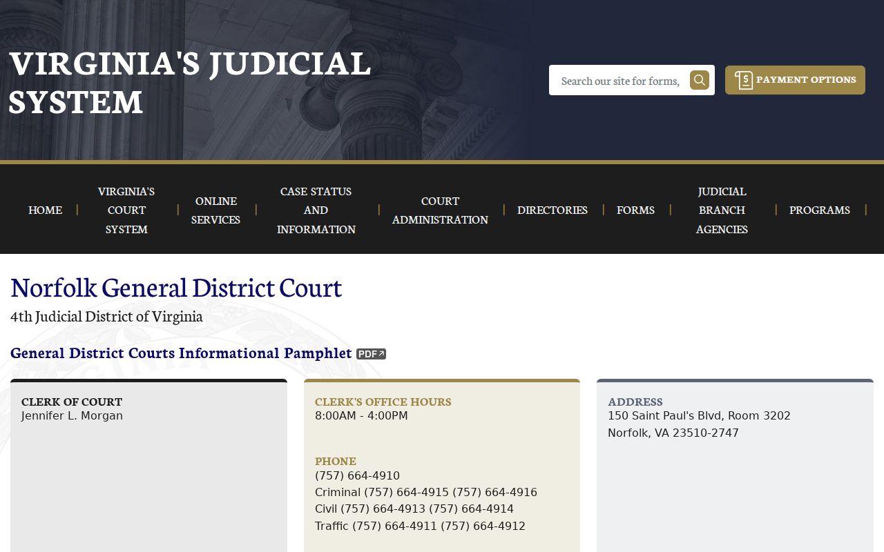 Norfolk City bench warrant court information on the General District Court page