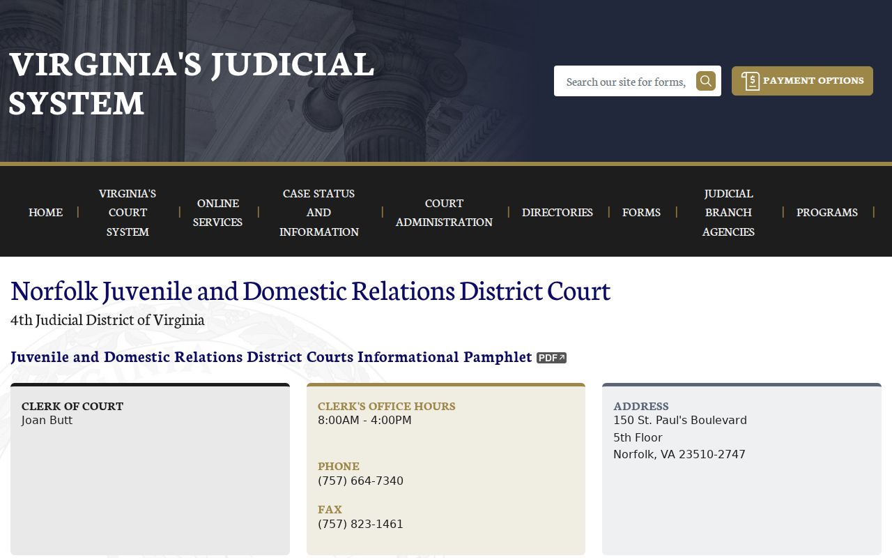 Norfolk City bench warrant access limits on the JDR Court information page