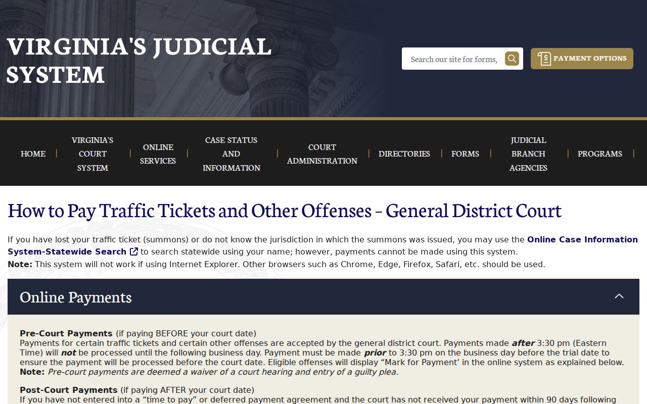 Norfolk City traffic warrant case information on the official Virginia courts traffic guide