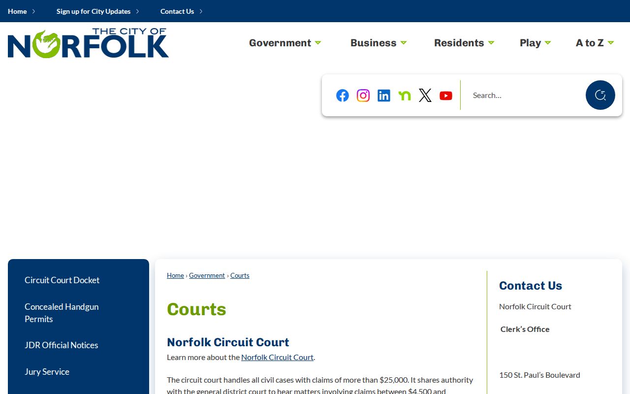 Norfolk City municipal warrant court route on the City's official courts page