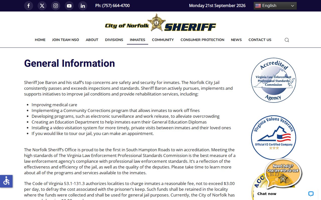 Norfolk City arrest warrant and custody contact information at the Norfolk City Jail page