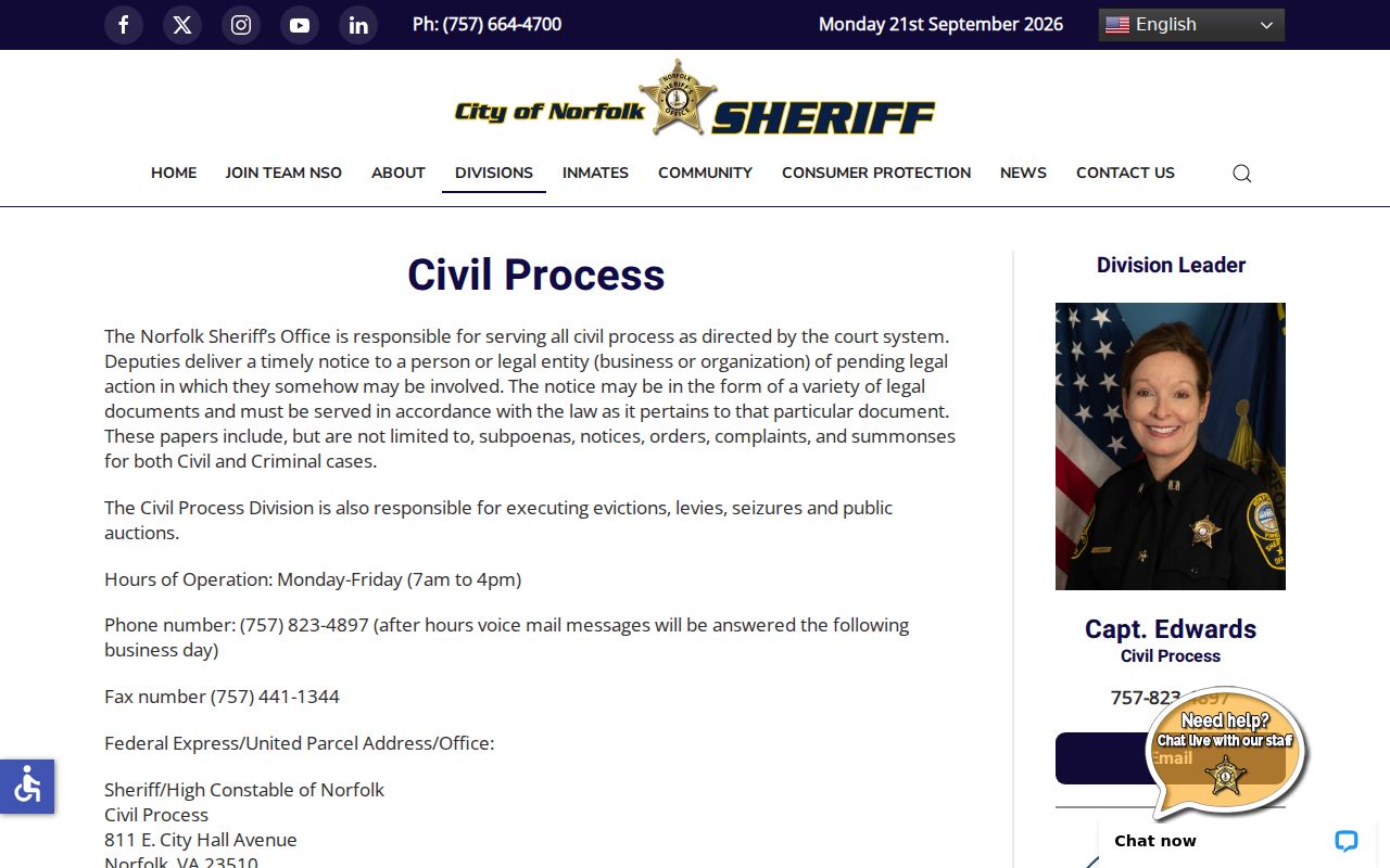 Norfolk City municipal warrant access distinction on the Sheriff's civil process page