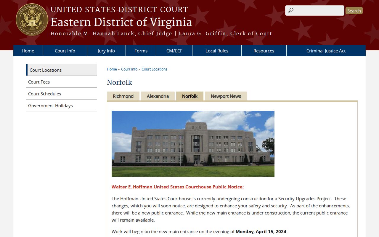 Norfolk City warrant process context from the official federal courthouse information page
