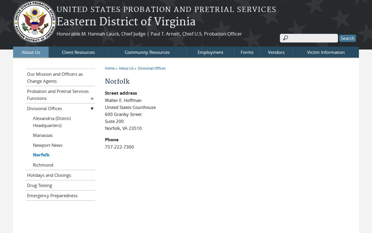 Norfolk City arrest warrant federal court route at the EDVA courthouse page