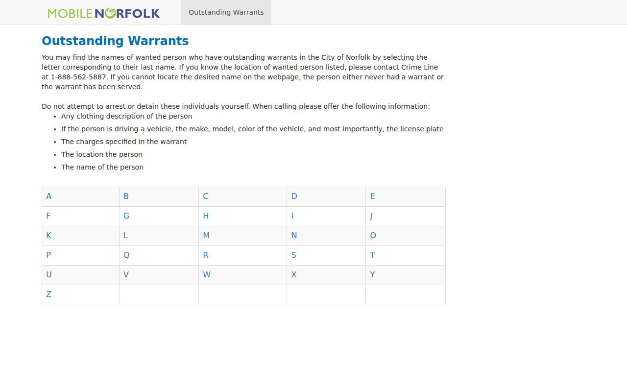 Norfolk City outstanding warrant interface with official safety notice and alphabet controls